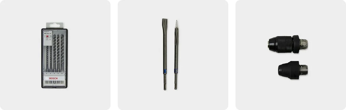 Bohrhammer Zubehör komplett – SDS Plus Bohrer Set, Meißelset und Wechselbohrfutter.