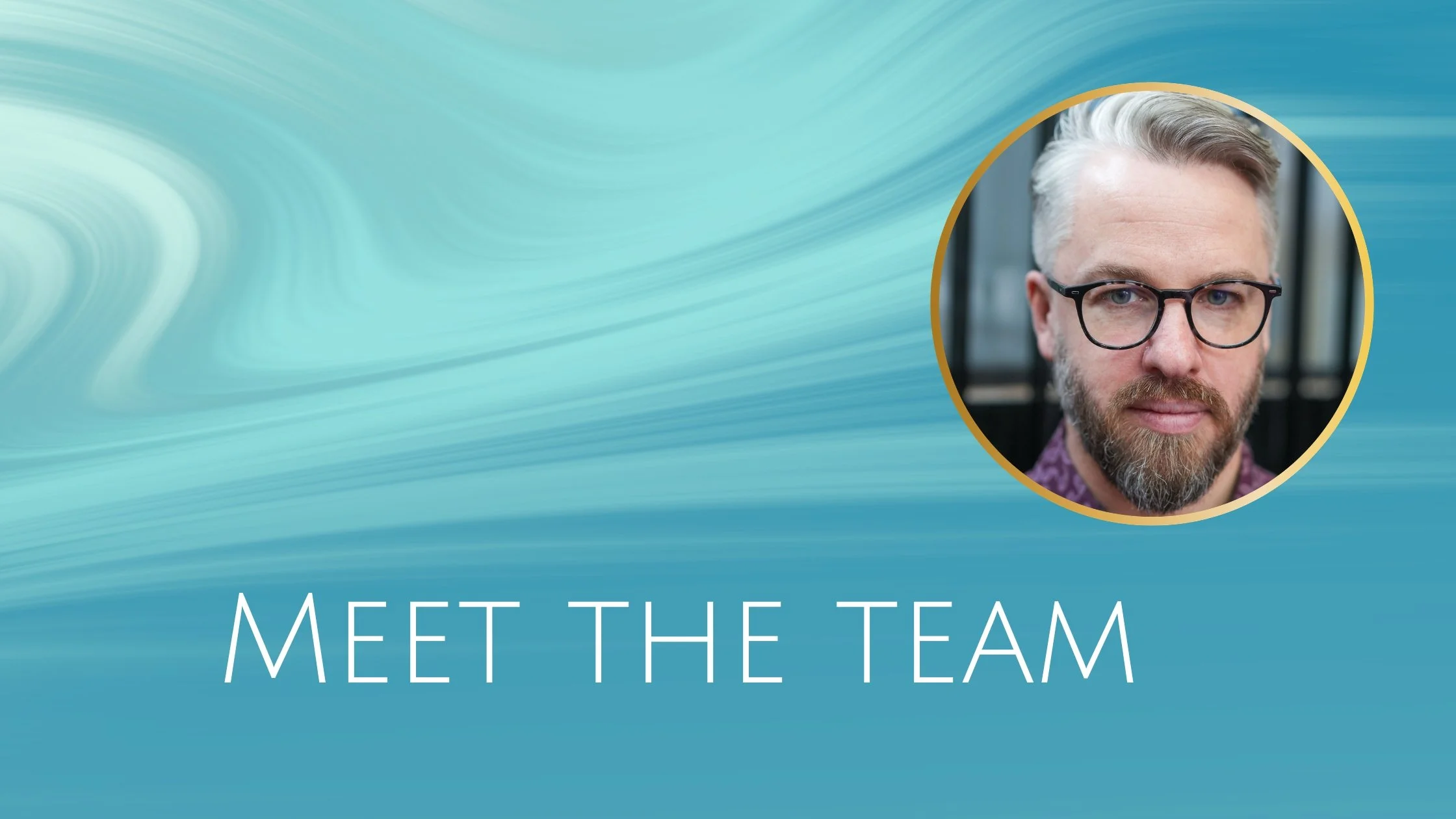 Blue and white swirled background with a circular image frame with Aaron Patience-Davies photo. The frame has a gold edge