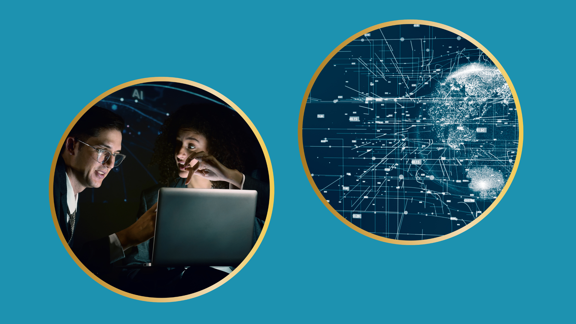 There are two images - one shows an abstract illustration representing AI, the other shows a dark haired woman talking to a male executive with glasses and a siuit. She is explaining what he is seeing on a computer screen in front of them