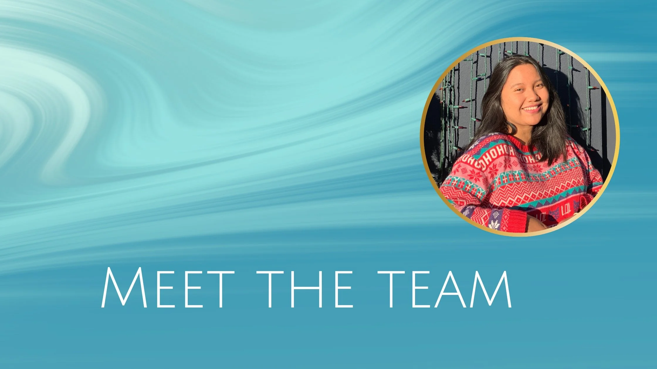 Blue and white swirled background with the words "MEET THE TEAM" and a gold-trimmed circular framed image of Lia Aritorang