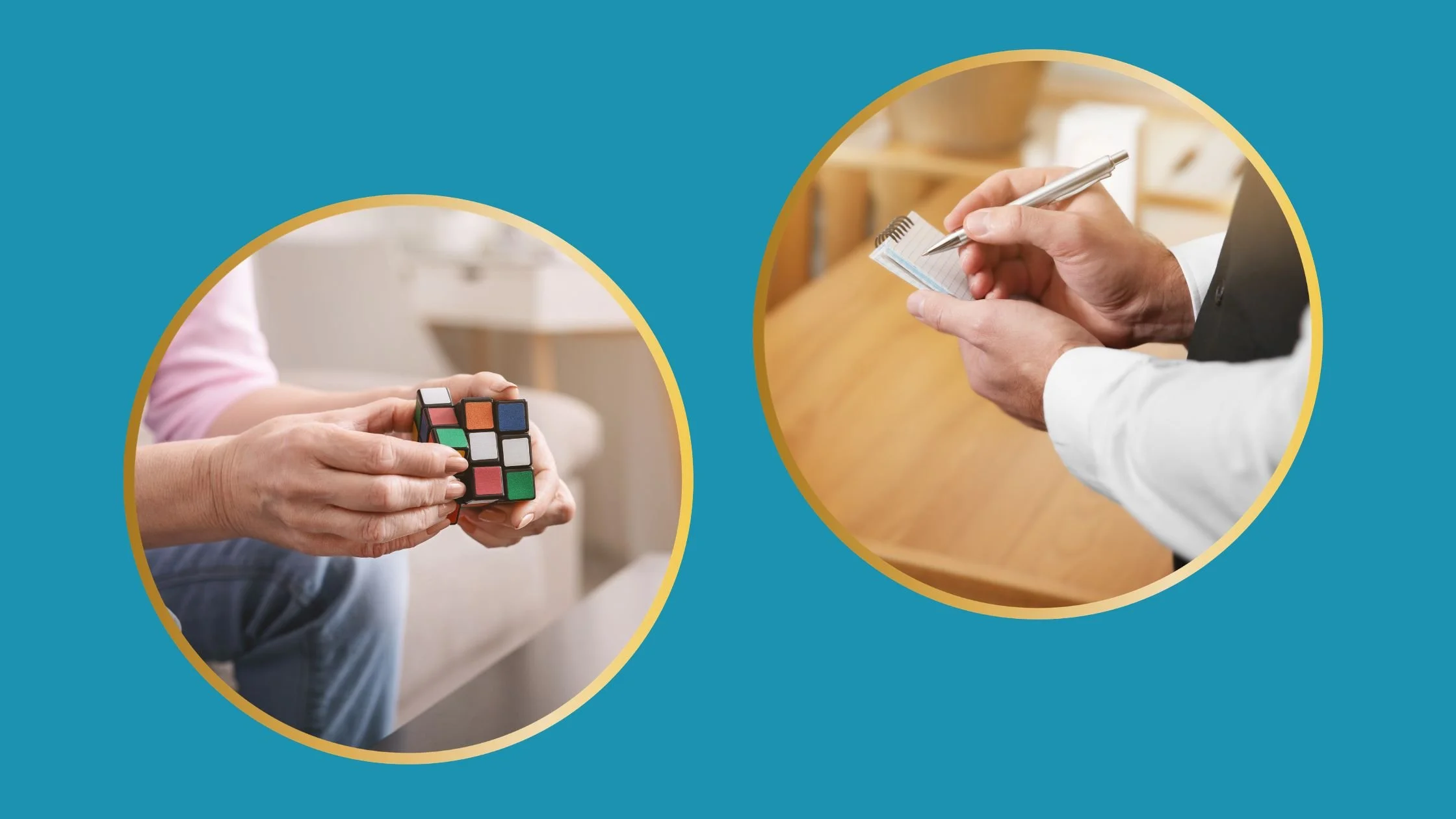 Image of a person completing a Rubik's Cube and another image of a Man taking an order in a restaurant. Both images are circular and have a blue background around them