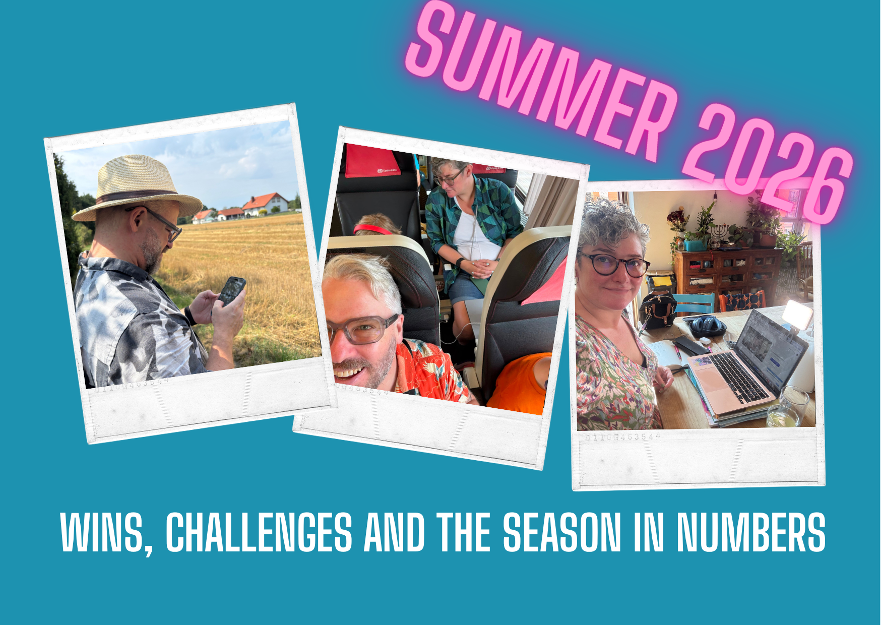 title graphic, Wins, challenges and the season in numbers. Photos of Aaron on his phone, the family on train and Hari working at a laptop
