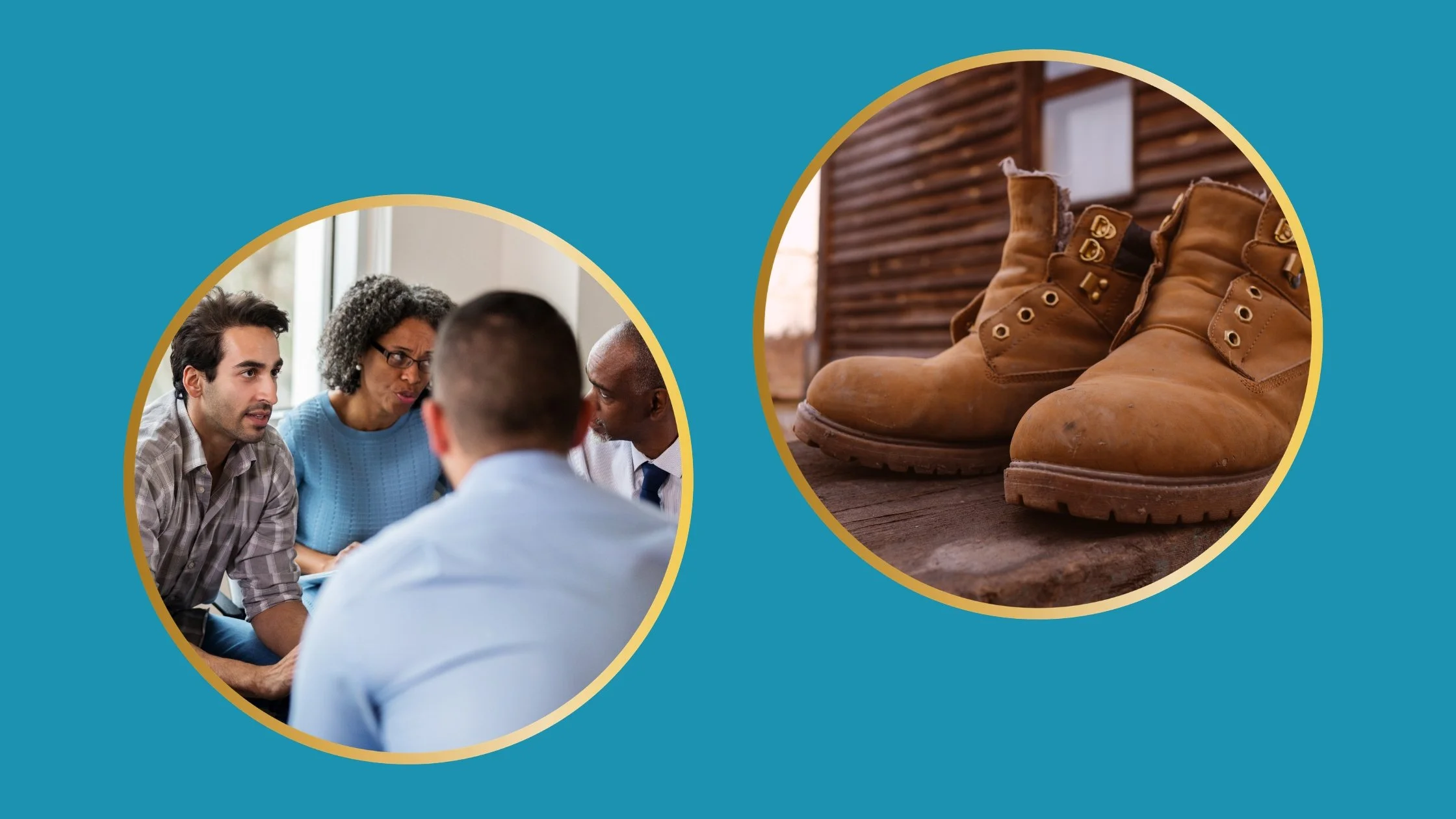 Blue background with two gold circles and an image of an in-group conversation between four people with one person looking perplexed, and an image of a pair of brown boots outside a log cabin