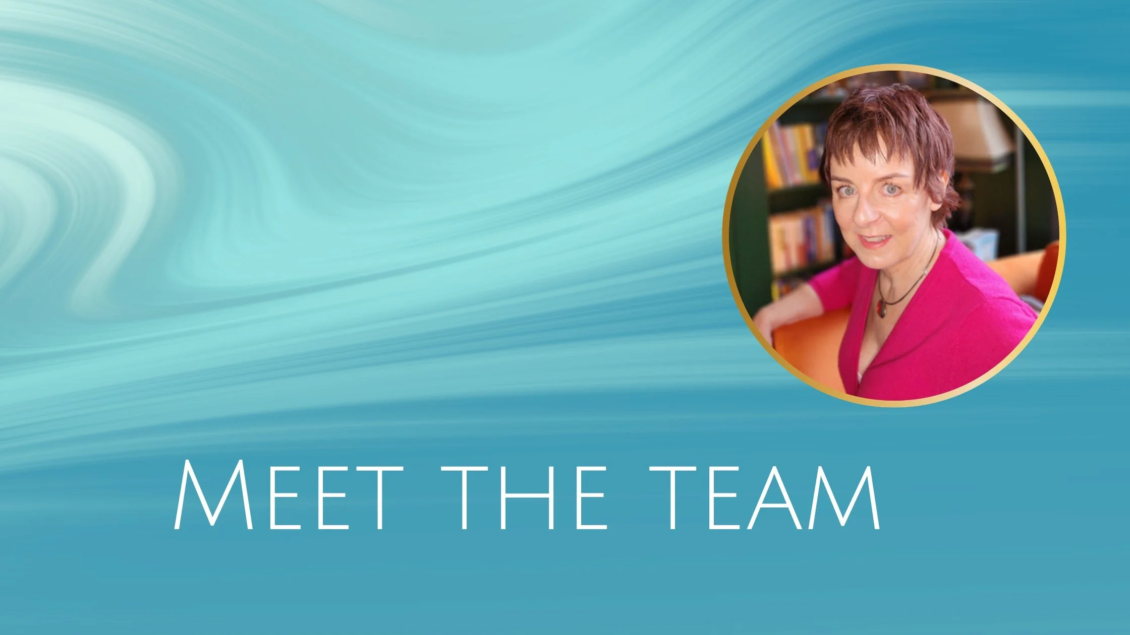 Blue and white swirled background with the words "MEET THE TEAM" in white letters. Image of Karen Henry in a circular gold-trimmed frame