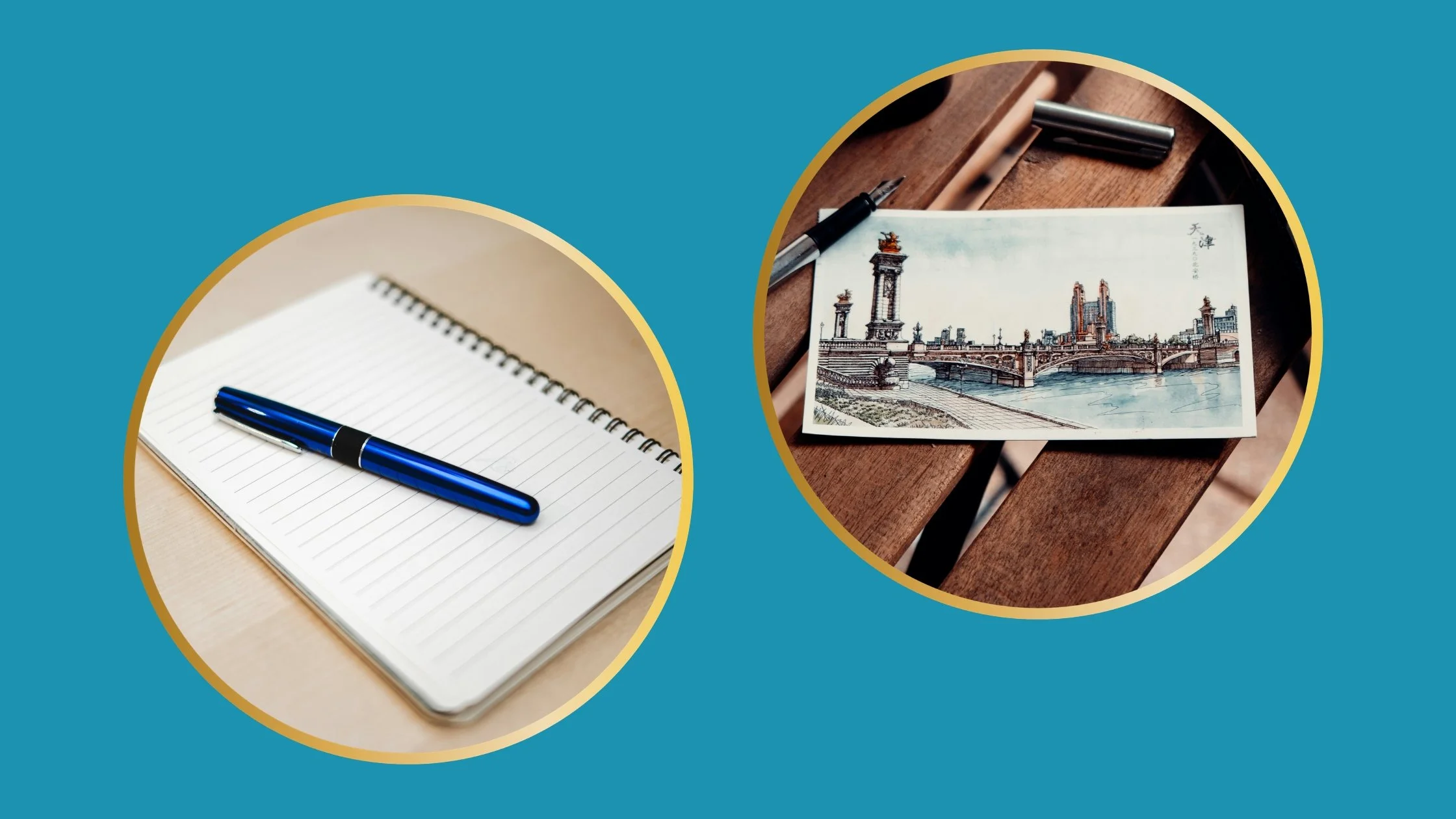 Blue background, two circular images with gold frames; on eof a pad and a pen and another of a pen and a postcard on a wooden table