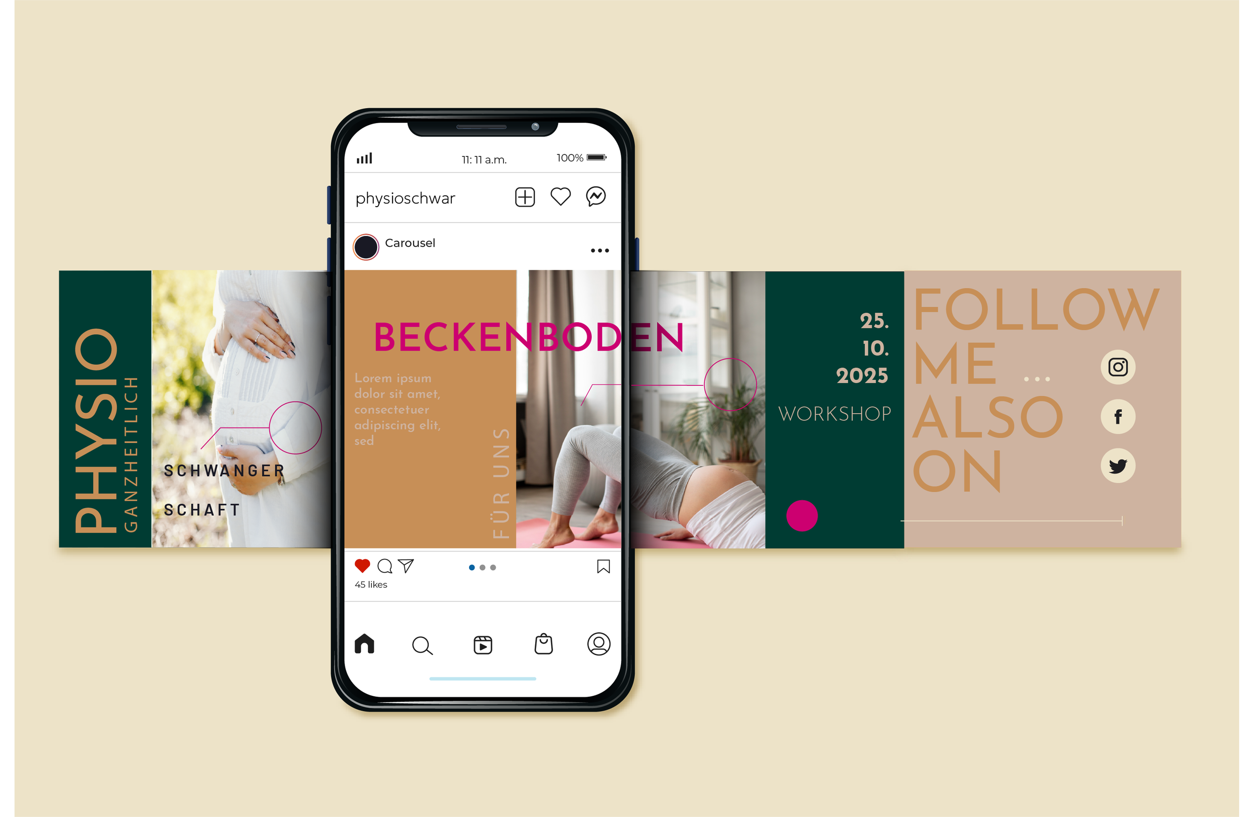 Instagram-Post-Anzeige für einen Workshop am 25. Oktober 2025, mit Bildern von Yoga-Posen und Text über Schwangerschaft, Beckenboden, Follow me also on social media, in Deutsch, auf beige Hintergrund