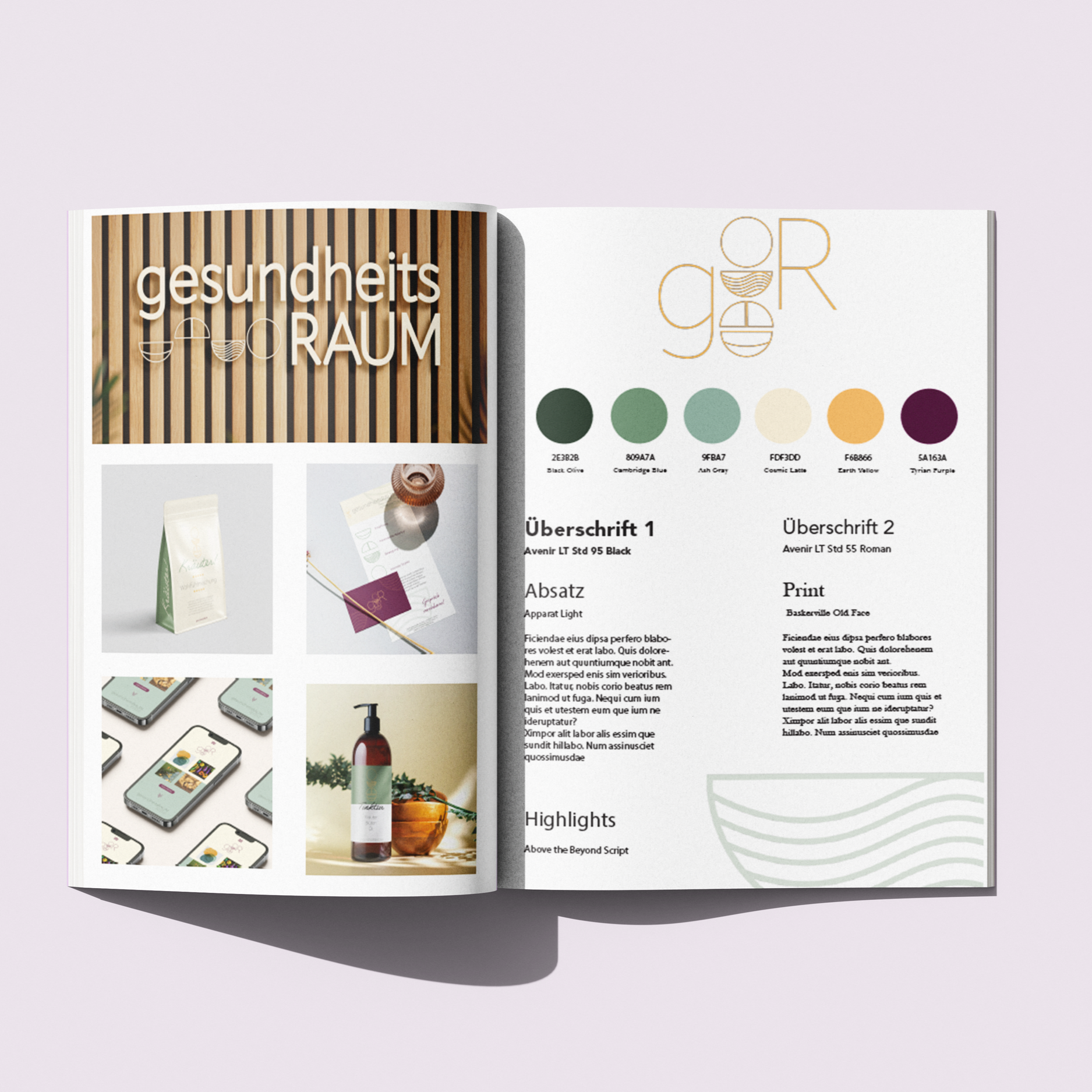 Offen Zeitschrift mit Design und Fotos, die einen gesundheitsbezogenen Raum, Farbauswahl, Textblöcke und Produktbilder zeigen.