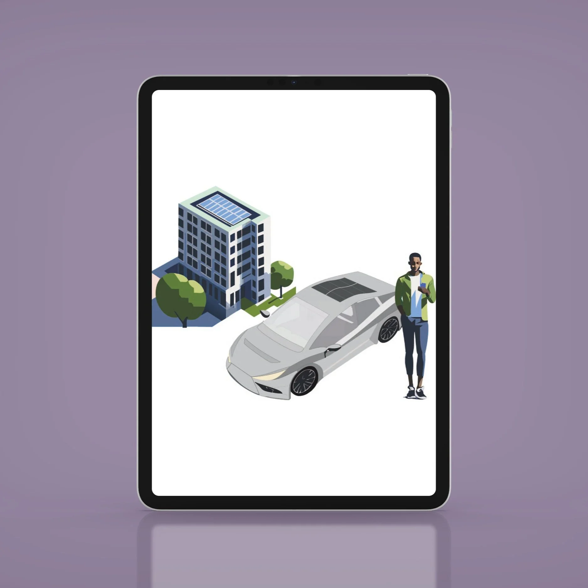 Digitale Illustration eines Mannes, der neben einem modernen Elektroauto steht, vor einem Gebäude mit Solarzellen, alles auf einem Tablet-Display