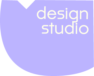 Ein Logo mit der Aufschrift 'design studio' auf einem lila Hintergrund.