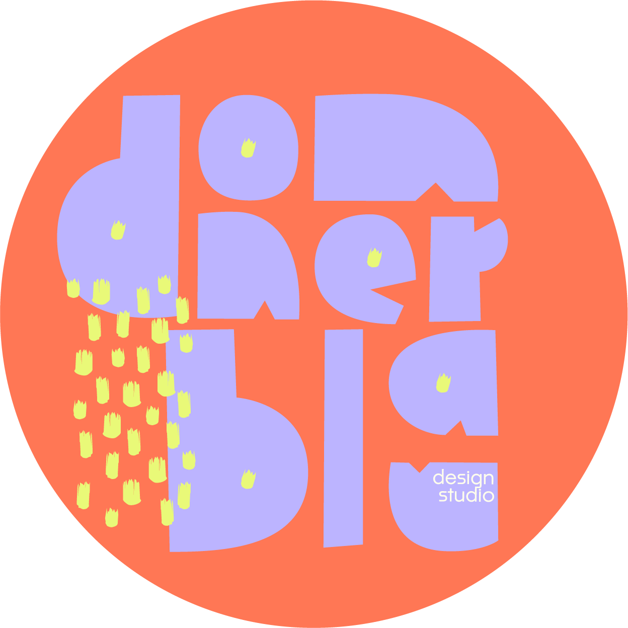 Ein runder, orange Hintergrund mit großen lila Buchstaben, die das Wort "jodera" bilden, und kleinen gelben Markierungen, die an Tropfen oder Blüten erinnern, die von der linken Seite herabfallen. In einer kleinen, weißen Schrift steht "design studio" am unteren rechten Rand.