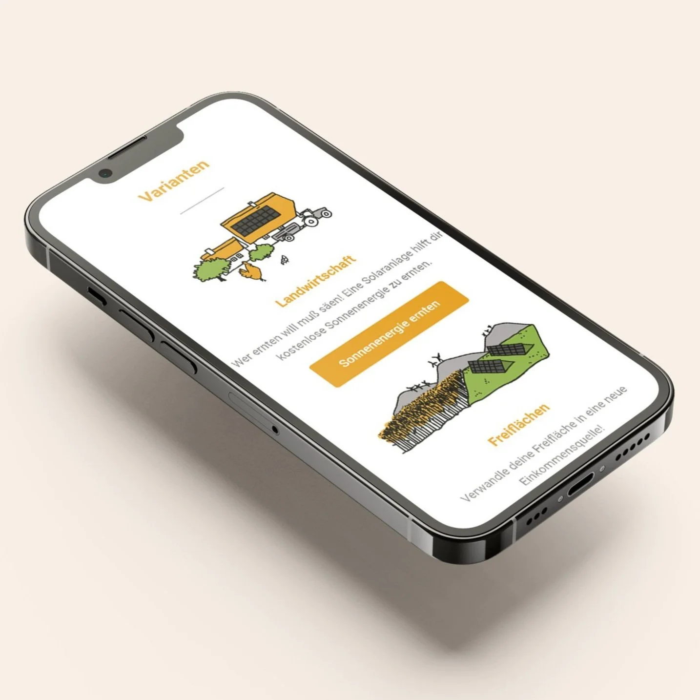 Smartphone mit einer App zur Förderung erneuerbarer Energien, zeigt Optionen für Landwirtschaft und Freiflächen, mit Illustrationen von Solaranlagen auf Feldern.