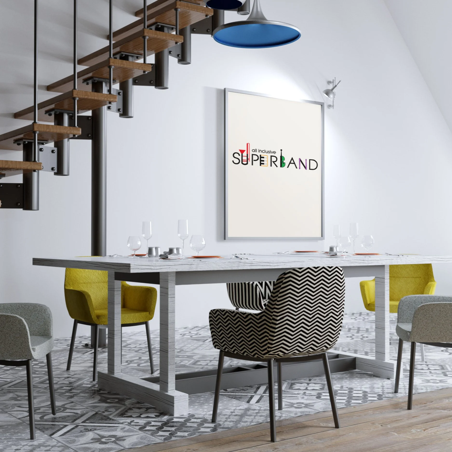 Ein moderner Essbereich mit einem großen weißen Tisch, bunten Stühlen und einem Wandbild mit dem Text 'Superband' in unterschiedlichen Farben.