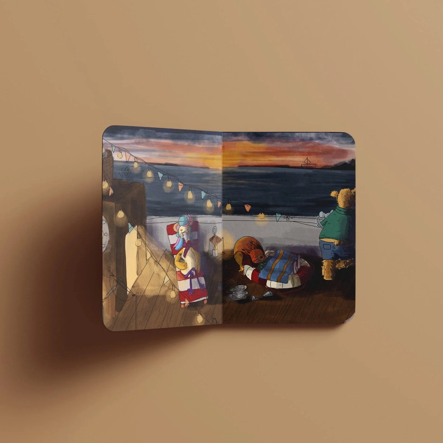 Eine Illustration auf einer Buchseite, die eine Szene am Meer bei Sonnenuntergang zeigt, mit einer Papprolle, einem Tier im Boot, einem Tier beim Grillen und einer weiteren Figur, die aufs Wasser blickt.