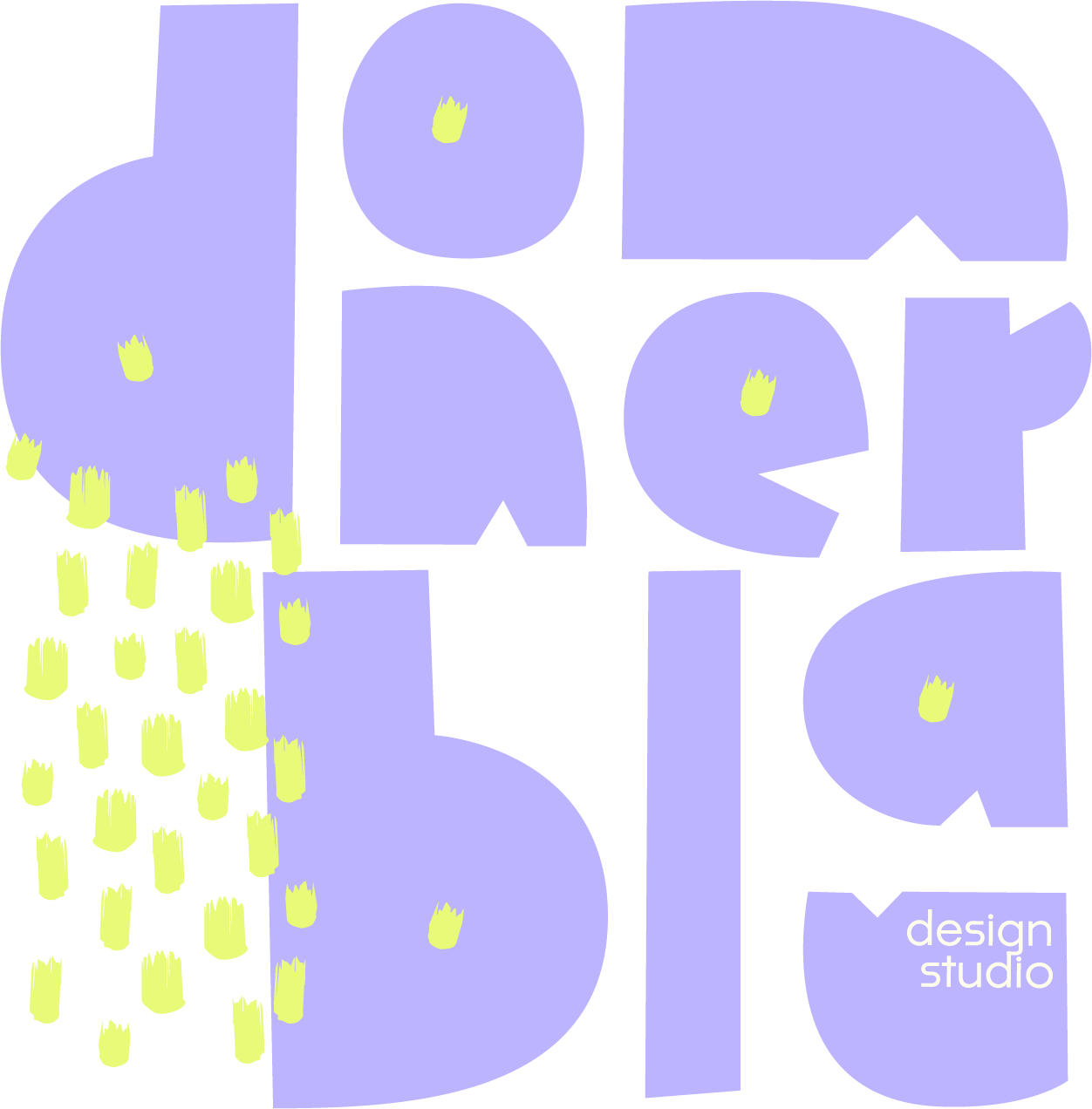 Grafik mit großen, lila, blockartigen Buchstaben, die die Worte "Love Paper Black" bilden, mit kleinen gelben Pinselstrichen, die den unteren linken Bereich des Bildes verzieren, und dem Text "design studio" in Weiß im unteren rechten Bereich.