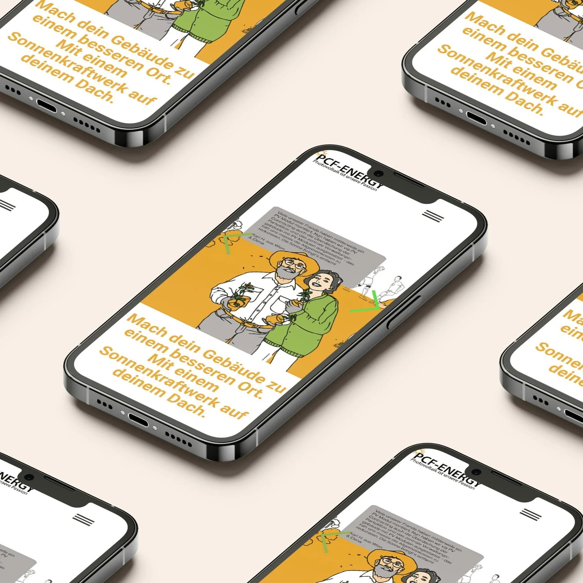 Smartphones mit einer Webseite, die eine Illustration und einen Text zum Thema nachhaltiges Bauen zeigt, mit einer orangenen und weißen Farbgestaltung.