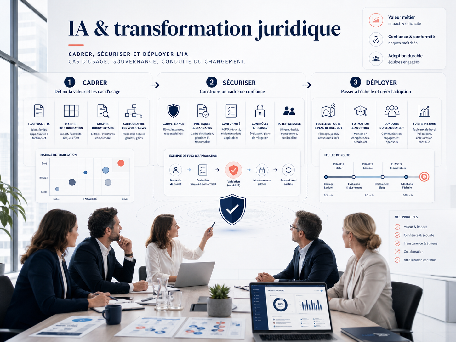Une réunion d'affaires avec cinq personnes assises autour d'une table, une femme pointant un tableau d'informations sur le mur au sujet de l'IA et de la transformation juridique.
