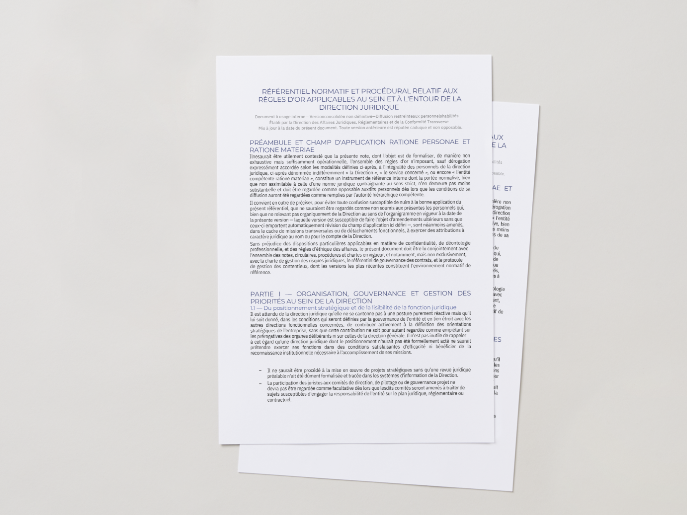 Deux pages de document avec texte écrit en français posées sur une surface blanche