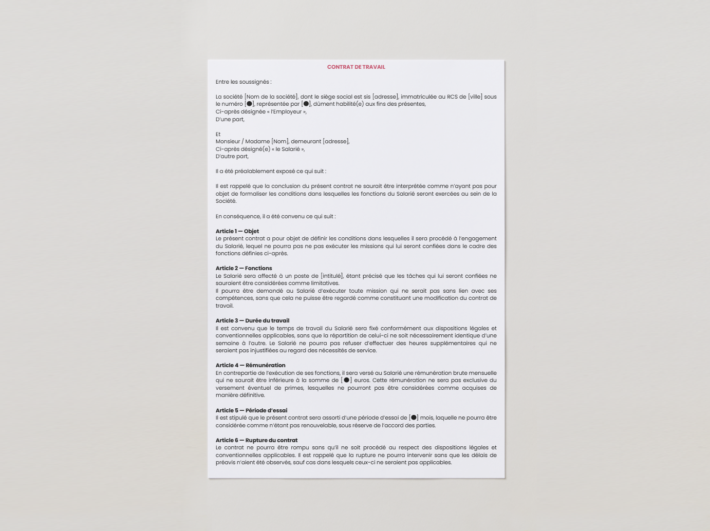 Contrat de travail en français, avec des articles sur l'objet, les fonctions, la durée, la rémunération, la période d'essai et la rupture du contrat.