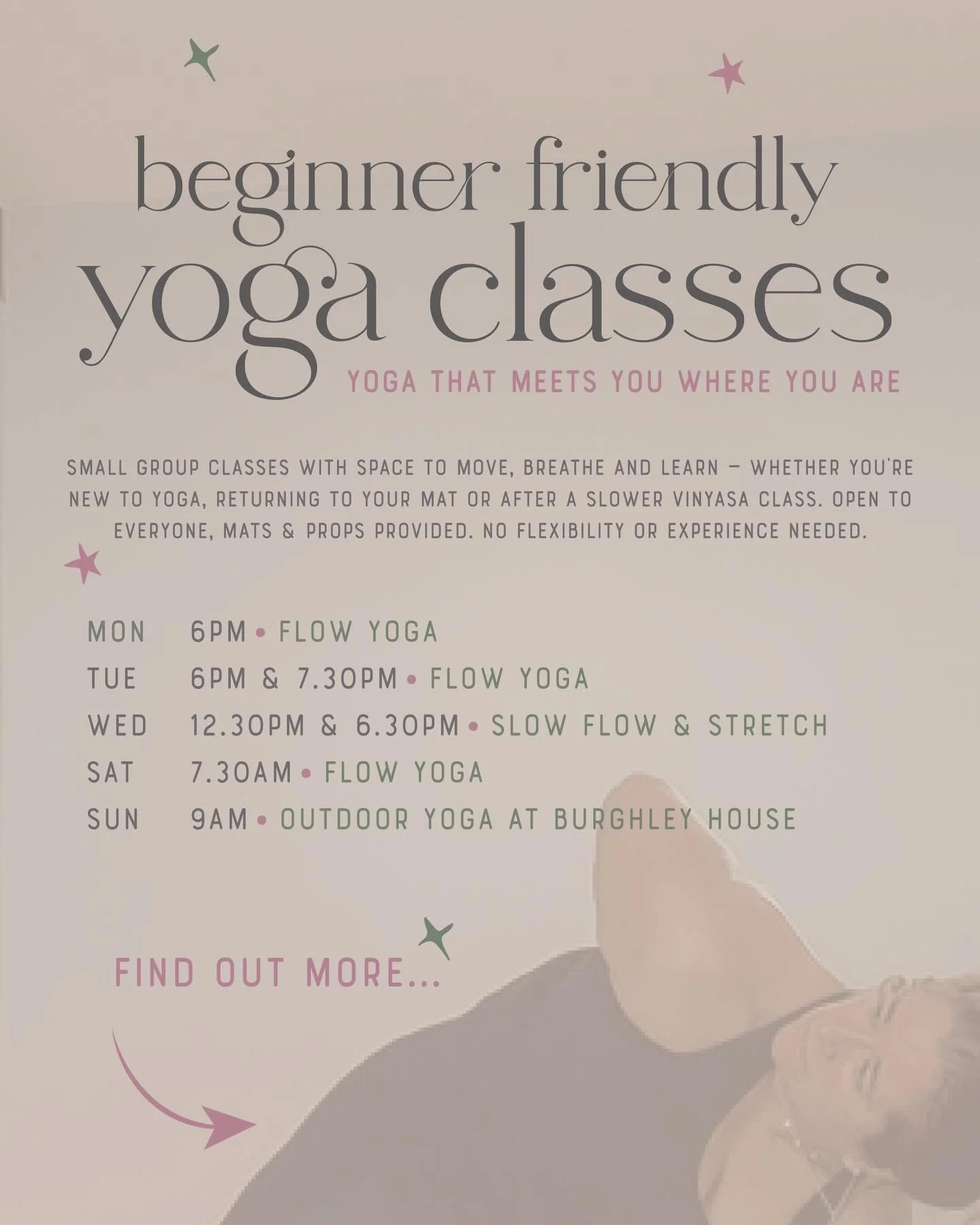 ✨ BEGINNER FRIENDLY YOGA CLASSES ✨

New to yoga or returning to your mat? Feeling a bit unsure where to start? Or just want a slightly slower flow? You are so welcome here 🤍

My classes are designed to help you build confidence on the mat in a suppo