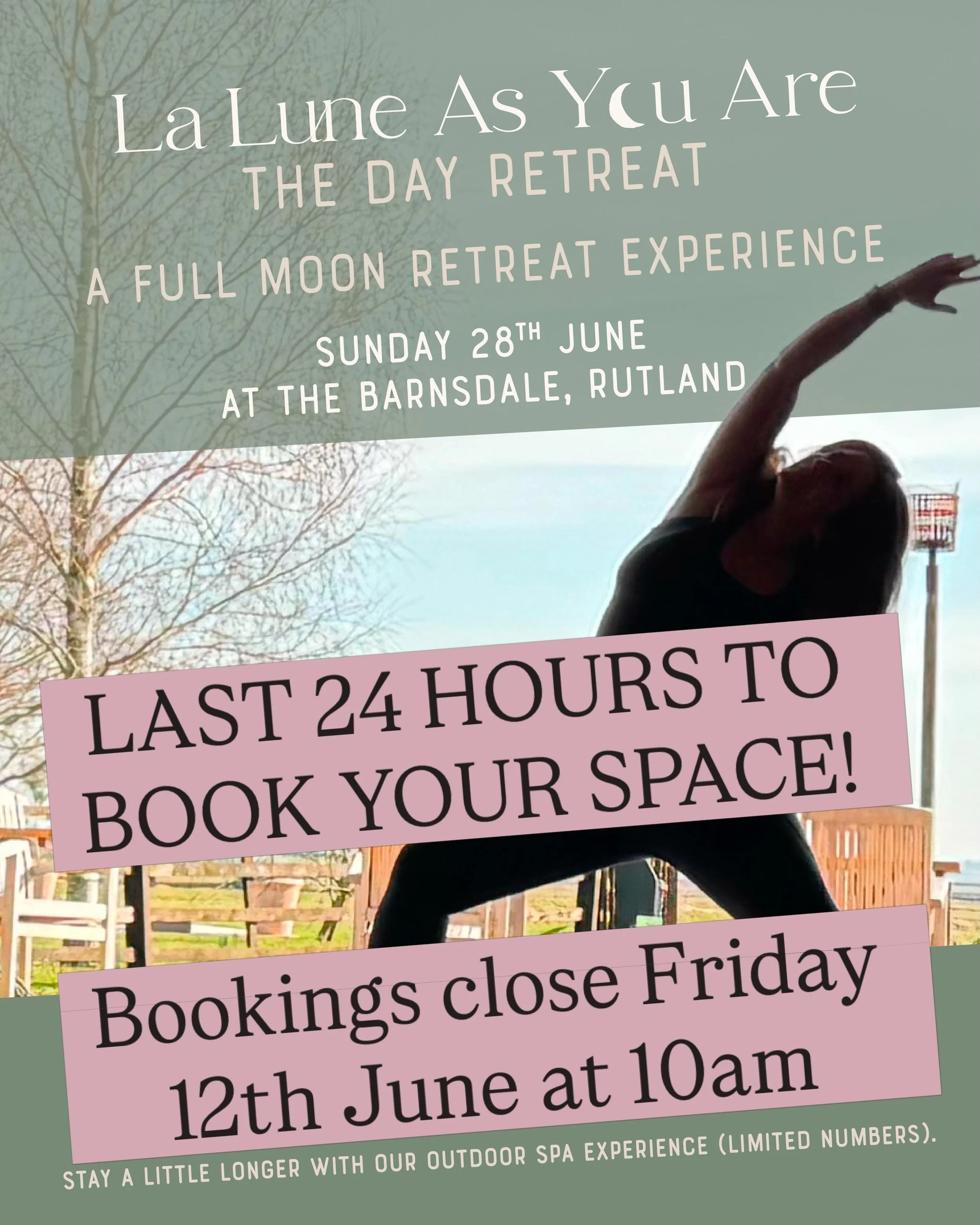Last 24 hours to book your place at the La Lune As You Are Retreat 🌕

If you have been thinking about joining us, this is your gentle reminder not to leave it too late. Bookings close tomorrow, Friday 12th June at 10am and there are only a few space