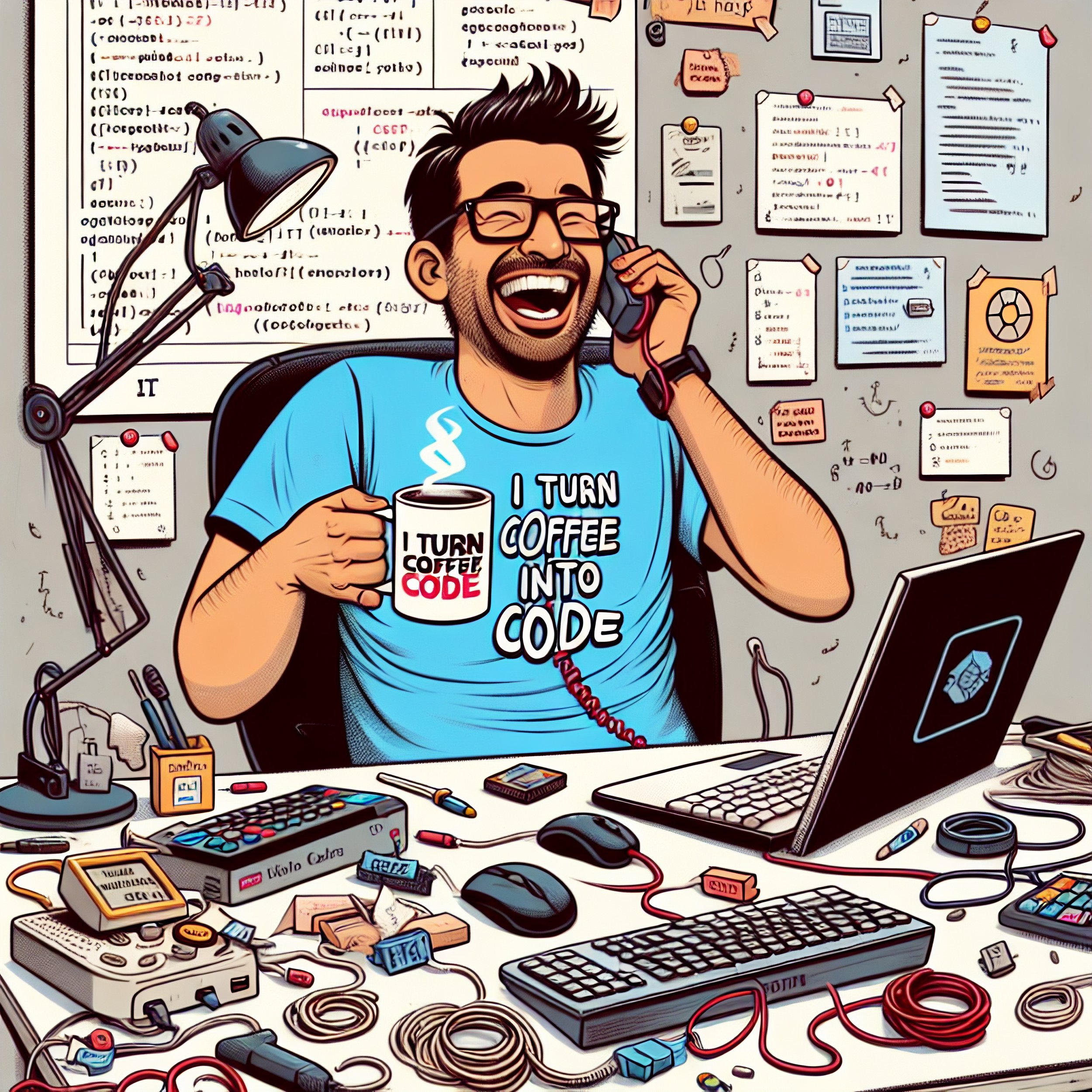 A cartoon image of a man in a blue T-shirt that says "I turn coffee into code," sitting at a cluttered desk with a coffee mug, laptop, mouse, and various tech gadgets, happily talking on the phone, surrounded by sticky notes and diagrams on the wall.