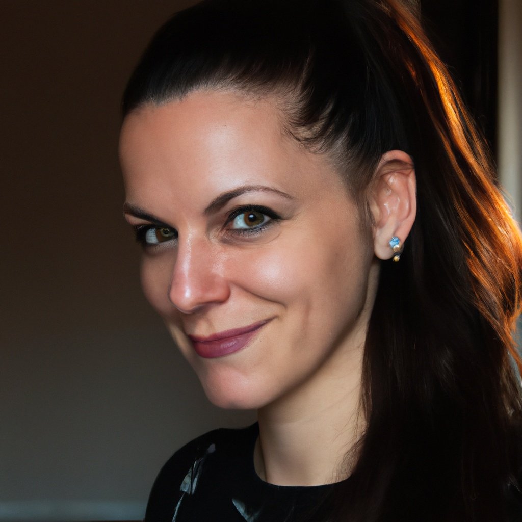 A woman with dark brown hair pulled back, smiling at the camera, wearing blue earrings and a black top, against a dark background.