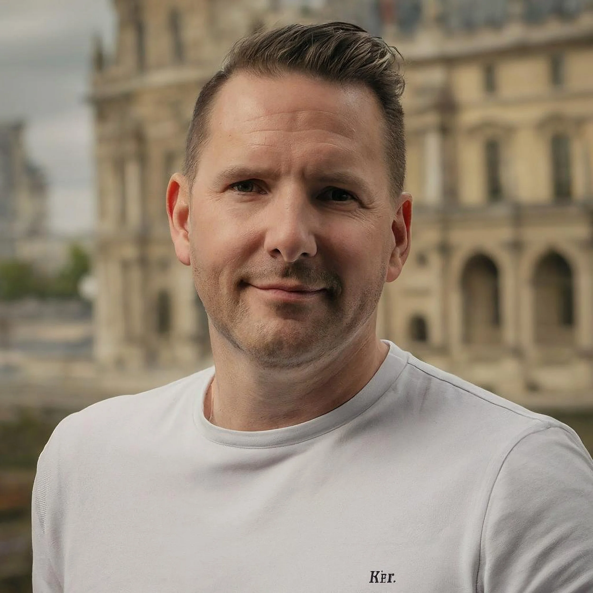 A man with short brown hair smiling outdoors in front of a historic stone building.