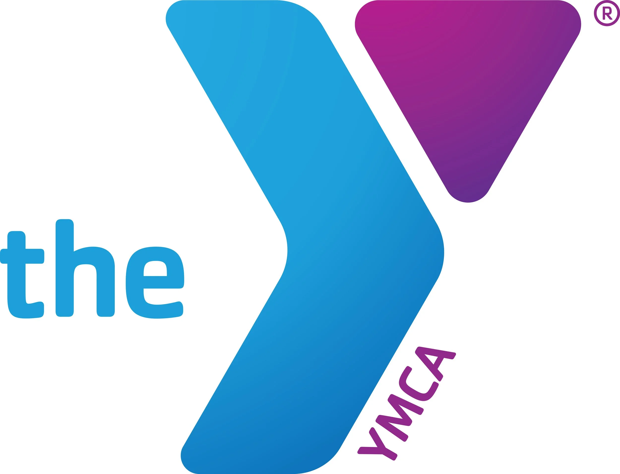Logo for the YMCA with a stylized 'Y' in blue and purple, and the words 'the YMCA' in blue and purple.