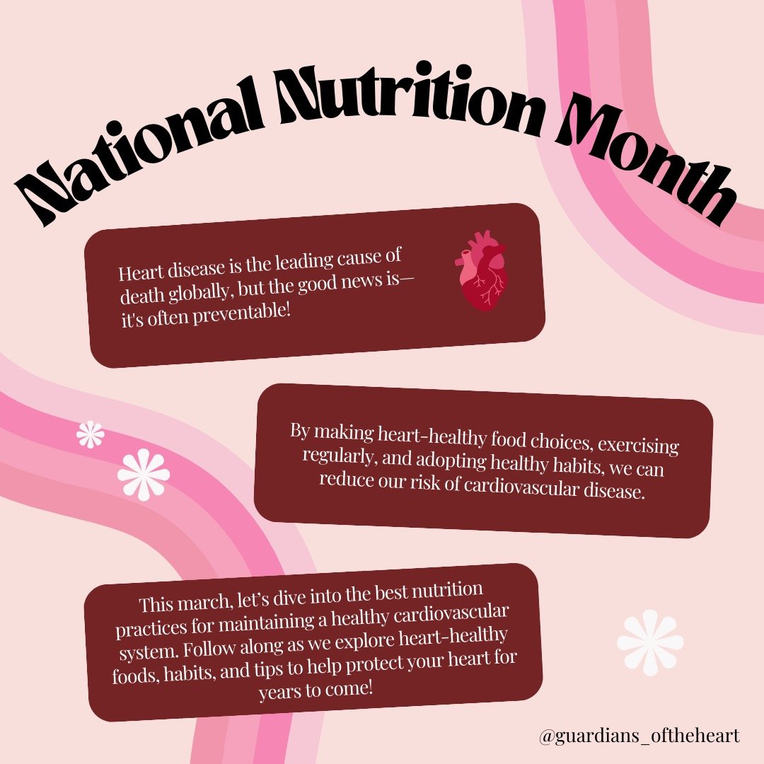 March is National Nutrition Month! 🍎💚 

A healthy diet is one of the best ways to keep your heart strong and thriving. Let's fuel our bodies with nutrient-rich foods to support lifelong wellness. Together, we can make healthier choices and build a 