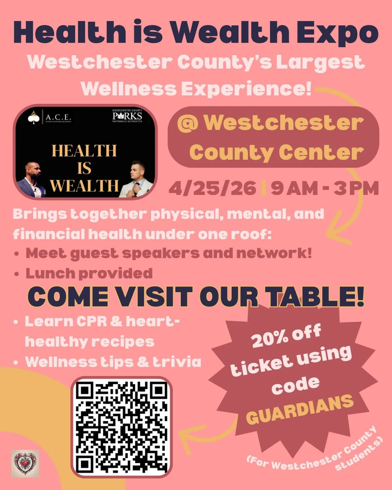 Come visit our table at the 2026 Health is Wealth Expo!
🫀 Learn about Life&rsquo;s Essential 8
🫀 Test your heart health knowledge with trivia
🫀 Pick up heart-healthy recipe cards
🫀 Learn basic CPR skills that could save a life
Westchester student
