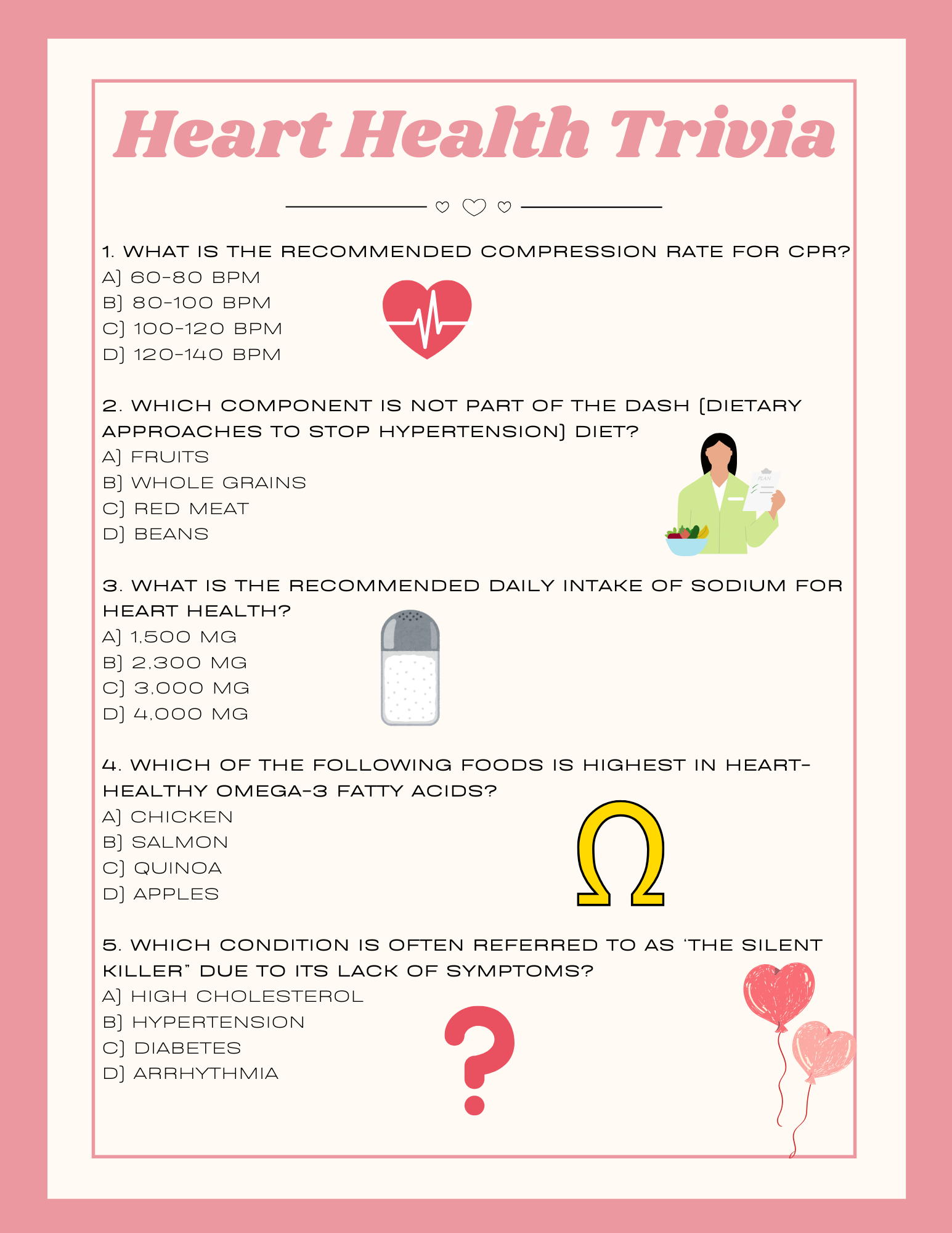 Pink and white heart health trivia quiz with five questions, heart illustrations, a woman with food, salt shaker, Omega symbol, and pink balloons.