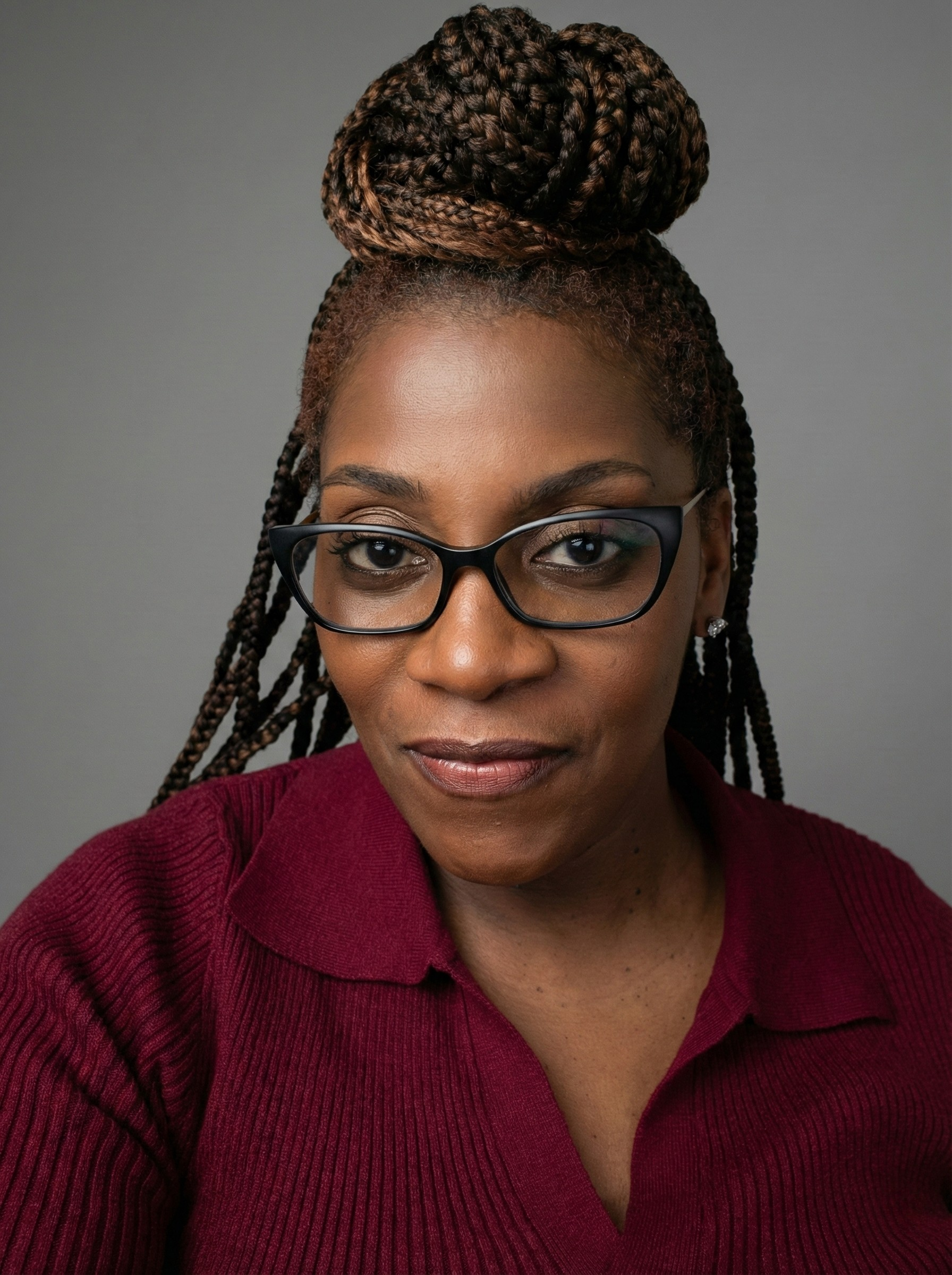 Lady wearing glasses and a red sweater