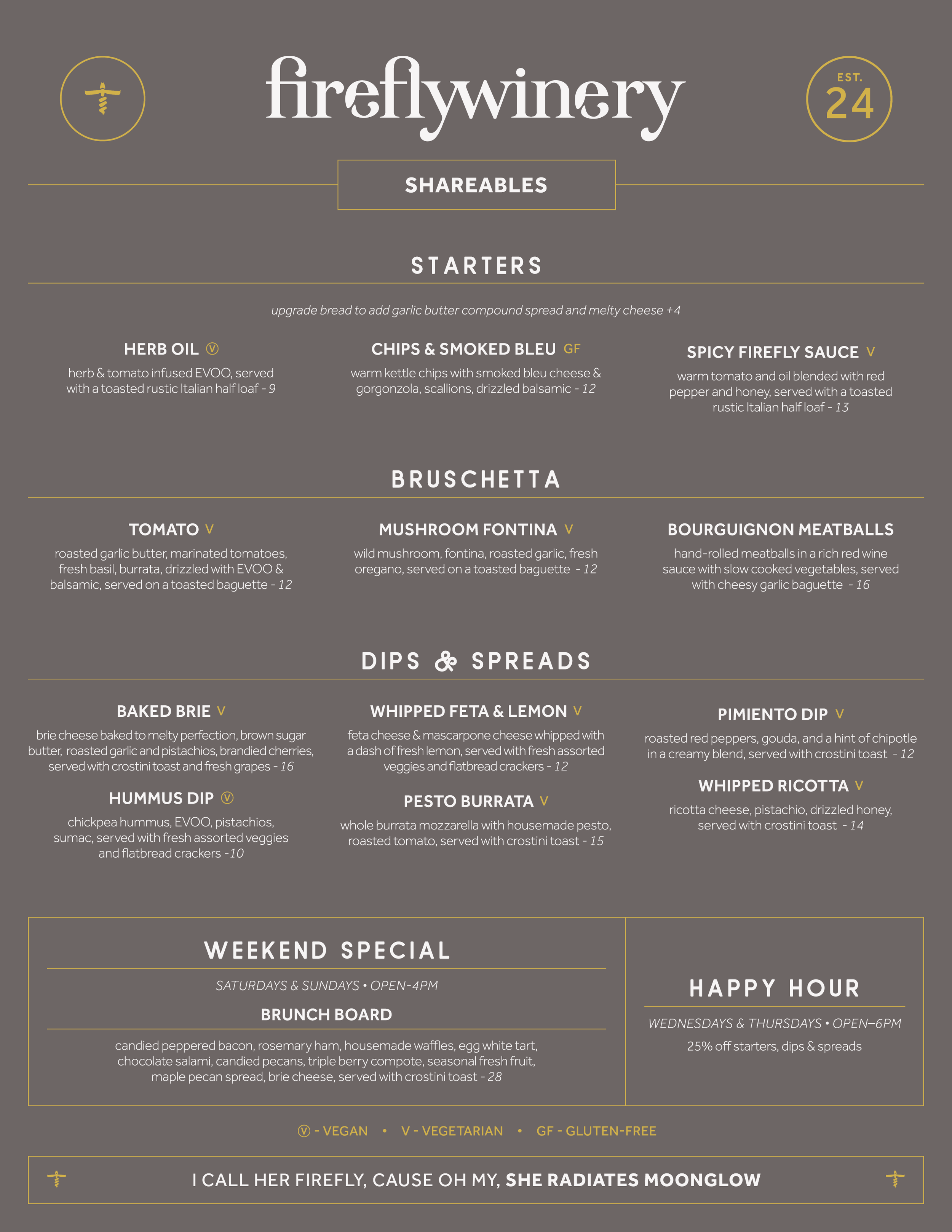 Menu for Fireflywery featuring shareables, starters, bruschetta, dips and spreads, weekend special brunch board, and happy hour details.