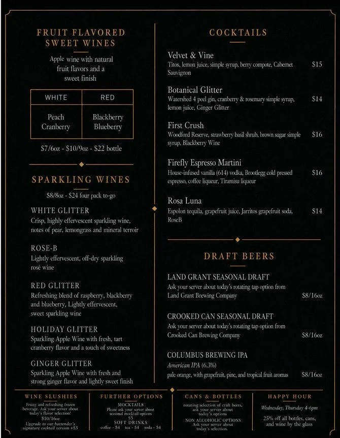 Firefly Winery Drink menu featuring sparkling wines, fruit wines, beers, mocktails and cocktails