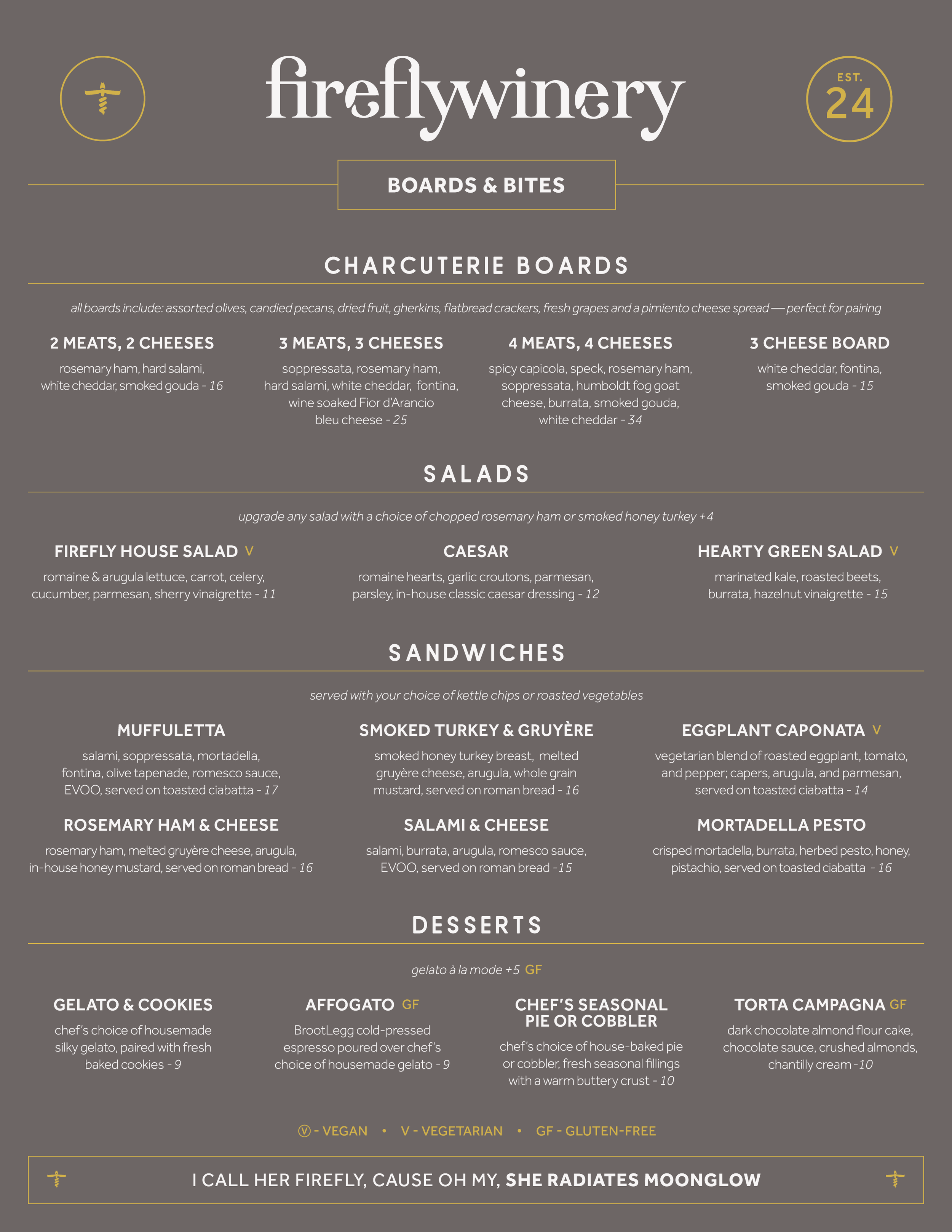 Menu from Firefly Winery featuring boards & bites, salads, sandwiches, and desserts with prices and descriptions.