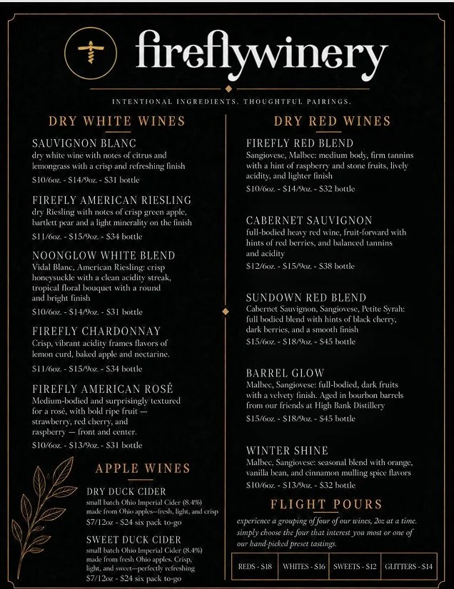 Firefly Wine menu featuring red and white wines, apple cider wines and flight pours