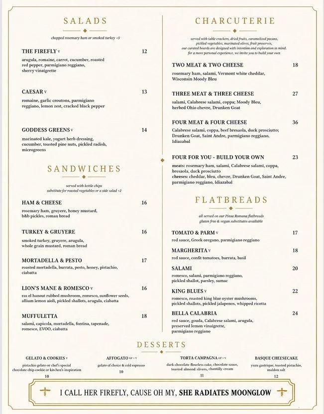 Firefly Winery Menu with Salads, Sandwiches, Flatbreads, desserts