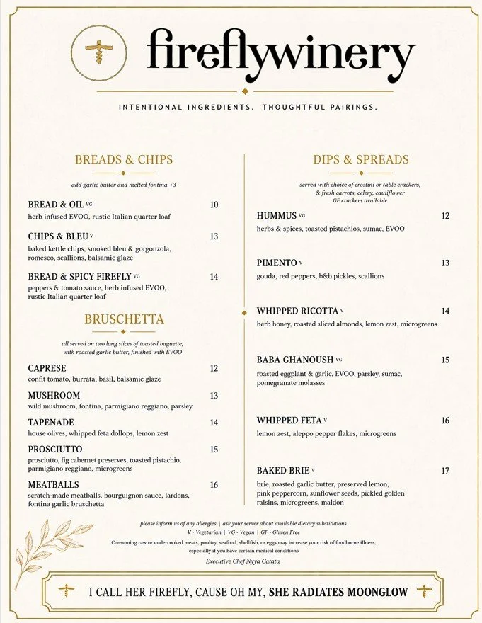 Menu for Firefly winery featuring shareables, starters, bruschetta, dips and spreads, weekend special brunch board, and happy hour details.