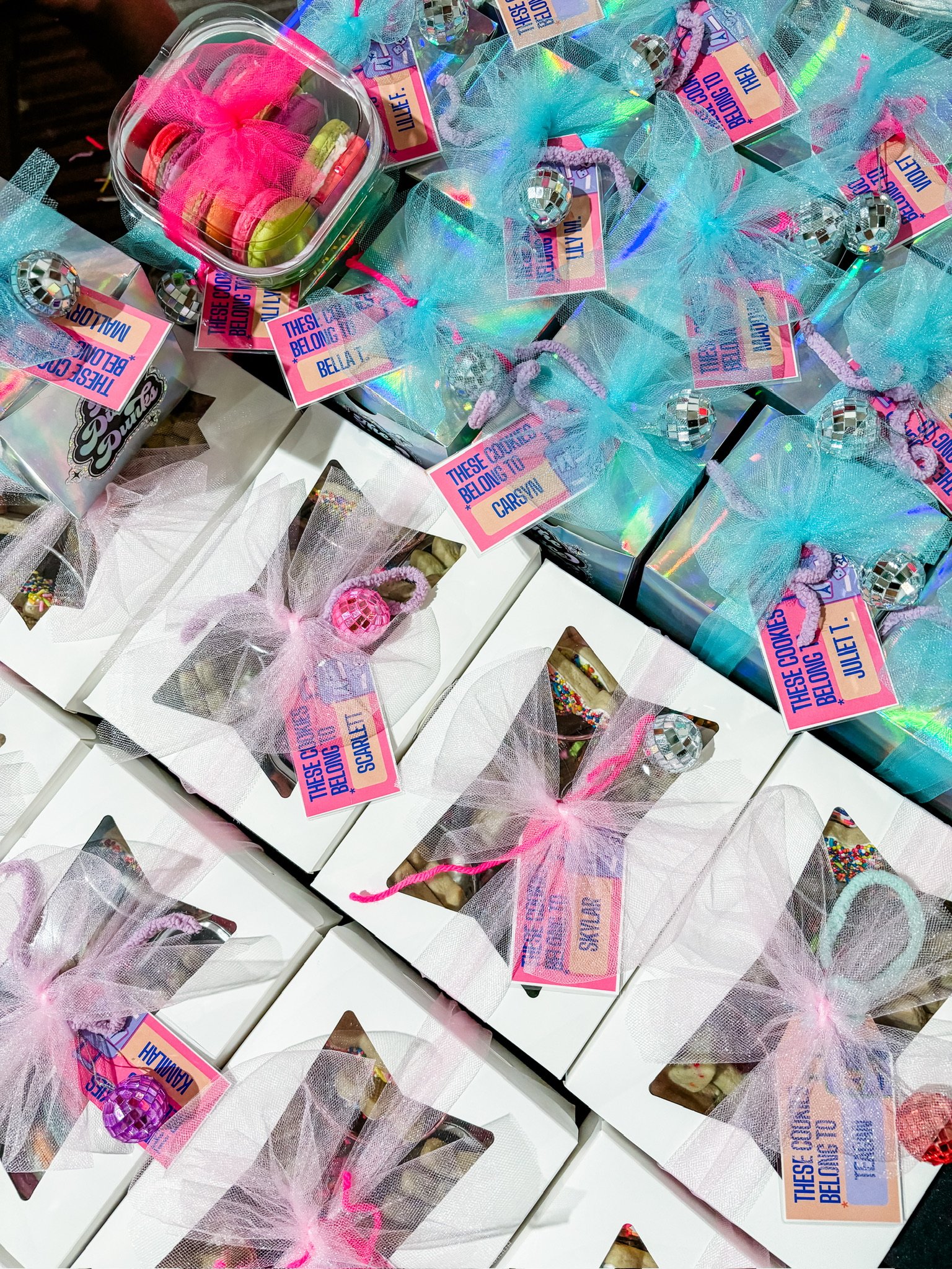 3 French macarons and 3 large sugar cookies. A smiley face, a butterfly, and a bow for girl dancers or a star for boy dancers!