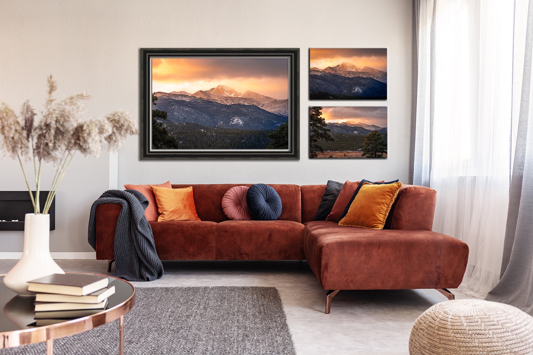 A room display to show how three images of the same scene in Rocky Mountain National Park can create an appealing collage on a wall.
