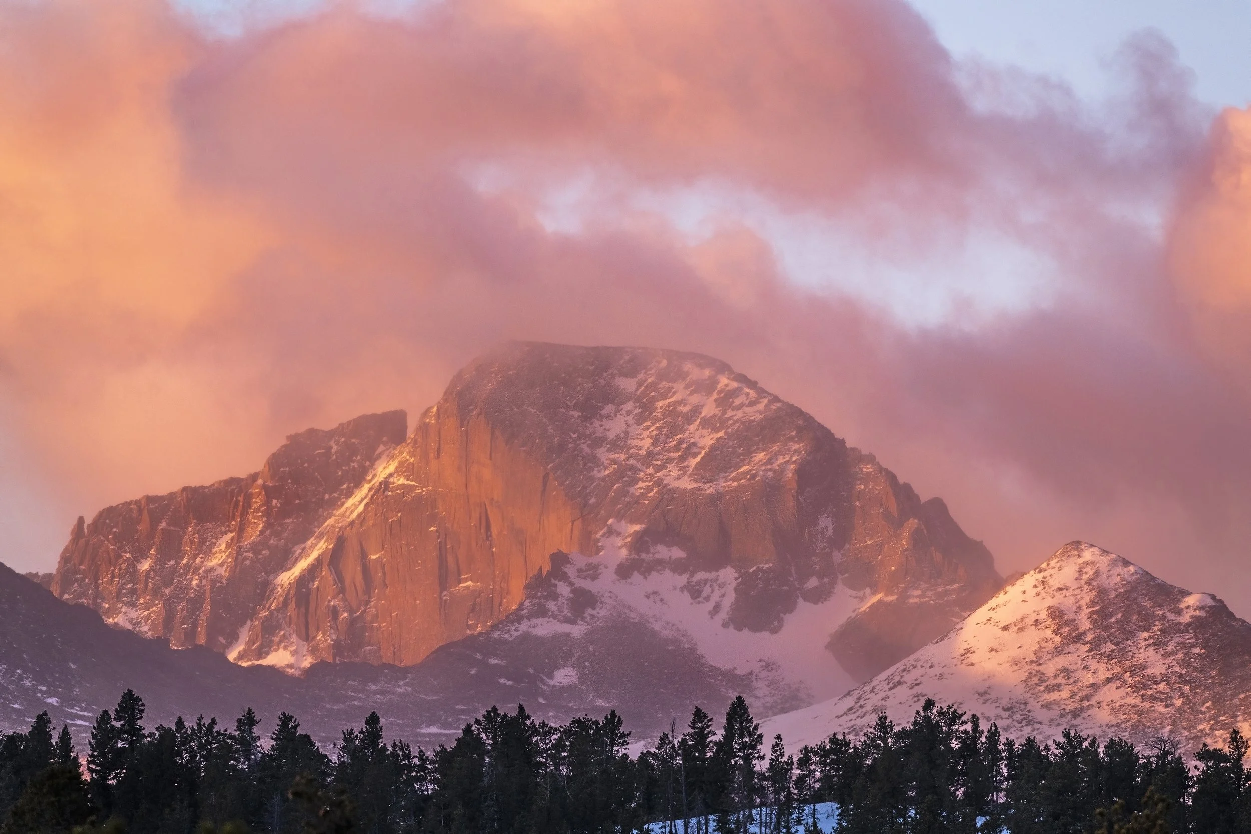 Longs Peak at sunrise in Rocky Mountain National Park, Colorado. Photographed with a Nikon 500mm lens.