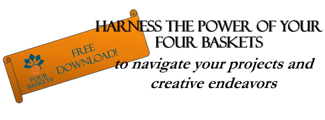 teal lotus and spiral with 'Four Baskets Womb to World to Wisdom' underneath.