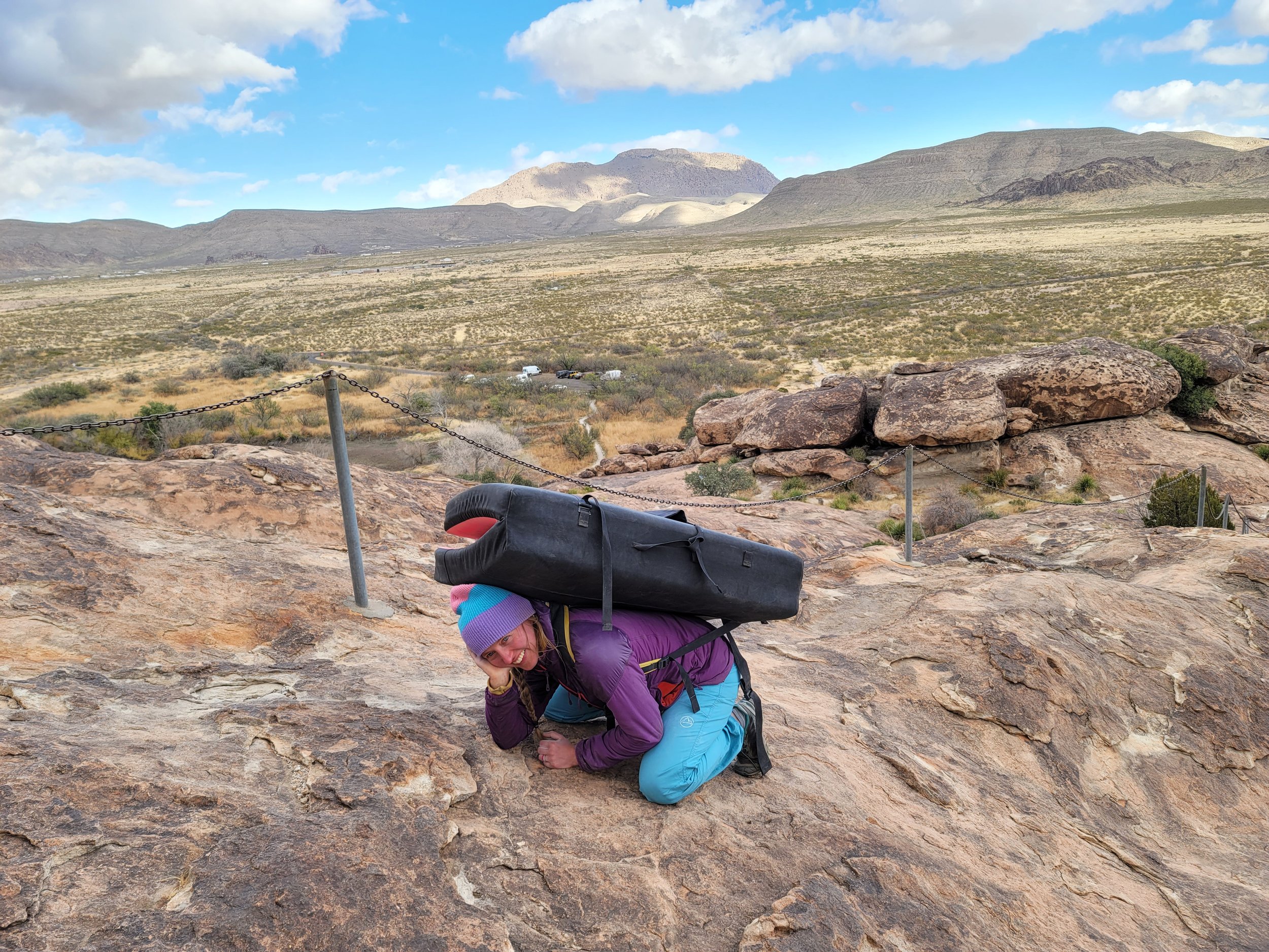 The wind was quite strong at one point at Hueco Tanks in Texas. I was tired from climbing and hiking, and decided I did not want to compete with the wind. ;) Photo credit: Cy.