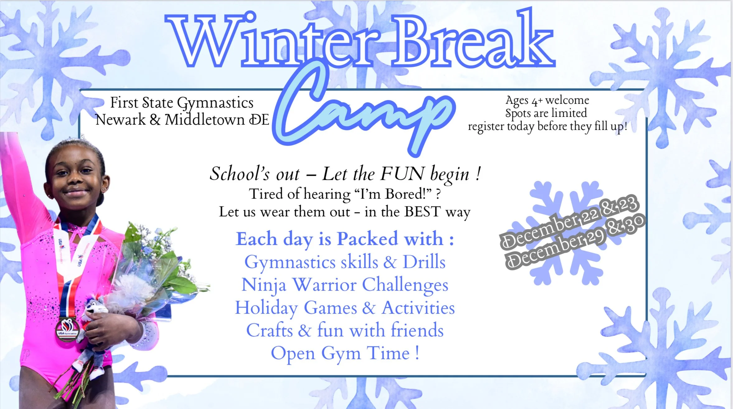 Winter break gymnastics camp flyer