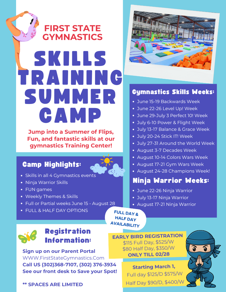 First State Gymnastics skills training summer camp flyer