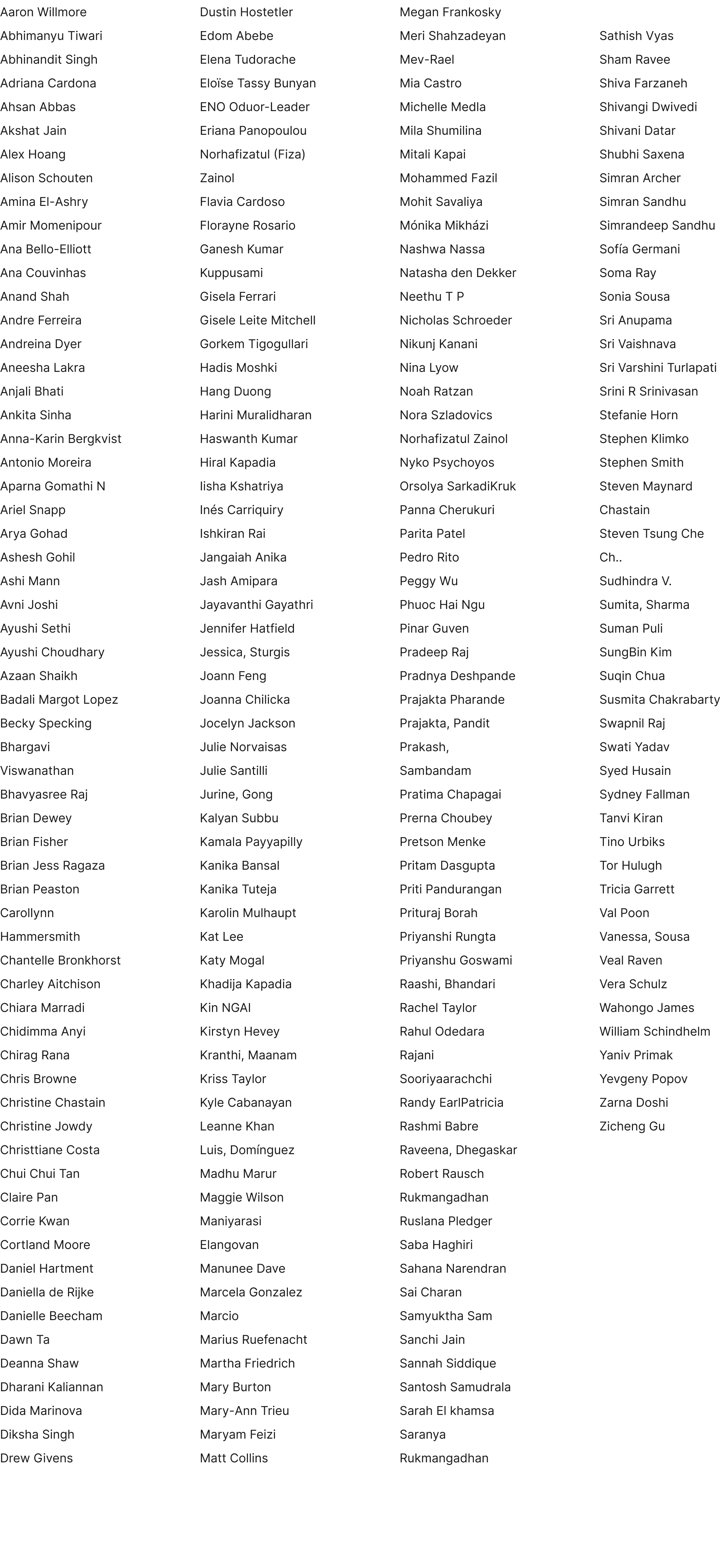 List of names of contributing members to the generative research teams.