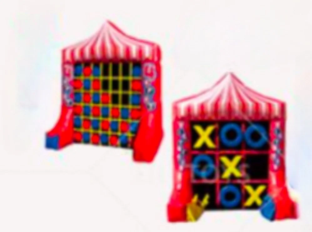 Two inflatable carnival game tents, one with a tic-tac-toe game with X's and O's, and the other with a grid for tossing rings, both with red and white striped canopies
