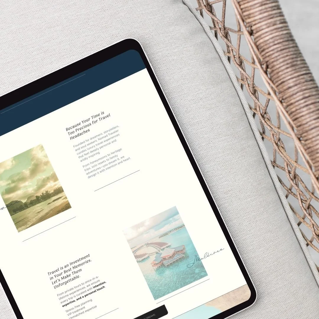 Tablet displaying a travel website with images of a beach and a resort, placed on a light-colored cushion next to a woven basket.