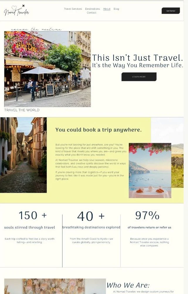 Screenshot of a travel website showing images of outdoor cafes, narrow European streets, and a scenic waterfront, with text promoting travel experiences and services.