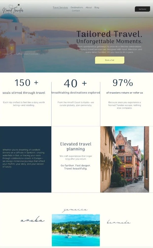 Homepage of Nomad Traveler travel agency website featuring a scenic coastal sunset, travel statistics, and images of select destinations.
